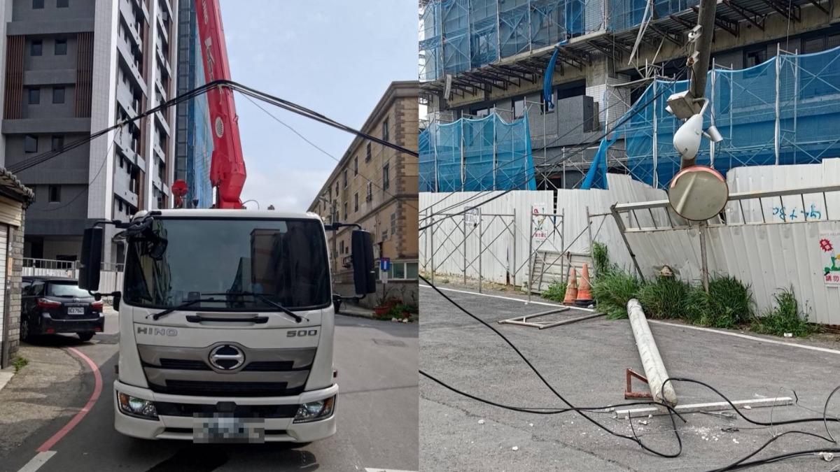 吊車的吊臂不小心勾到電線,導致電桿倒地。(圖/TVBS)