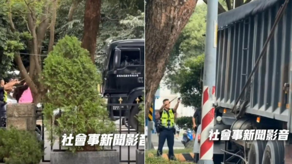 聯結車疑似超載拒檢逃逸,員警拔槍嚇阻。(圖/翻攝社會事新聞影音)
