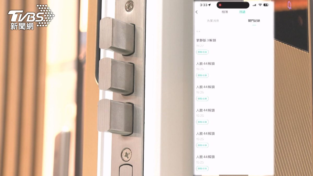 現今電子鎖更兼具監控功能,透過APP可以即時記錄誰開門、幾點開、用什麼方式開,所有資訊都會顯示在手機上。(圖/TVBS)