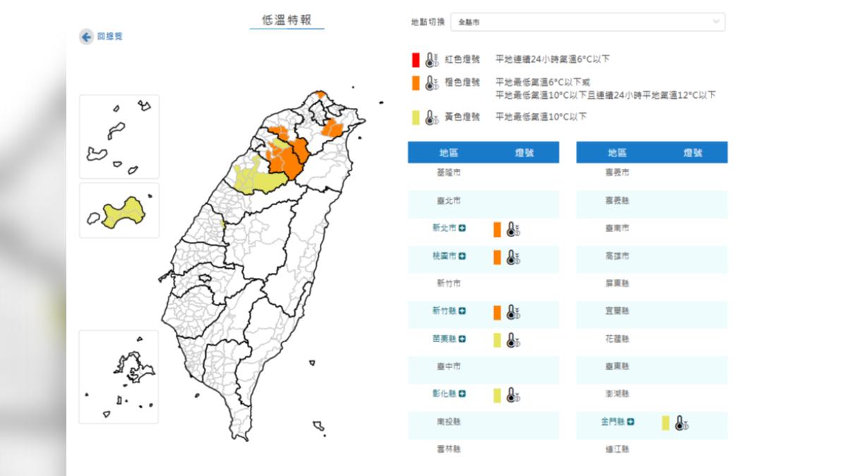 氣象署今日清晨發布低溫特報。（圖／氣象署）