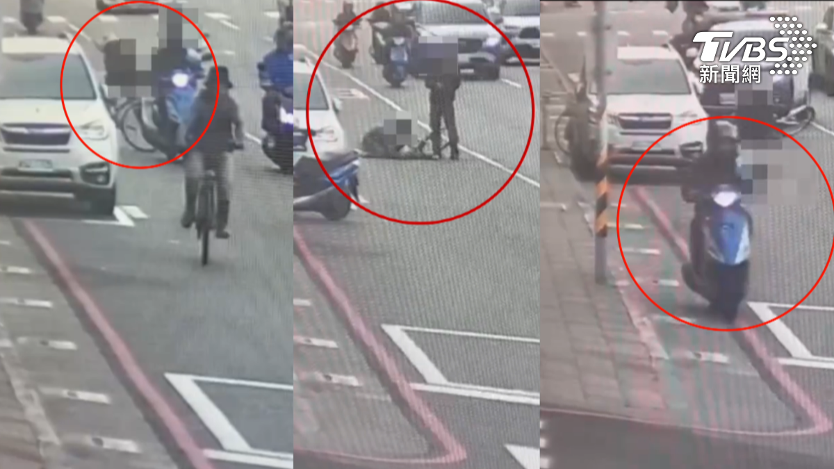 高雄一名機車騎士撞倒單車女騎士後,竟假裝好心報案並指揮交通,警車抵達現場後卻立刻騎車逃離。(圖/TVBS)