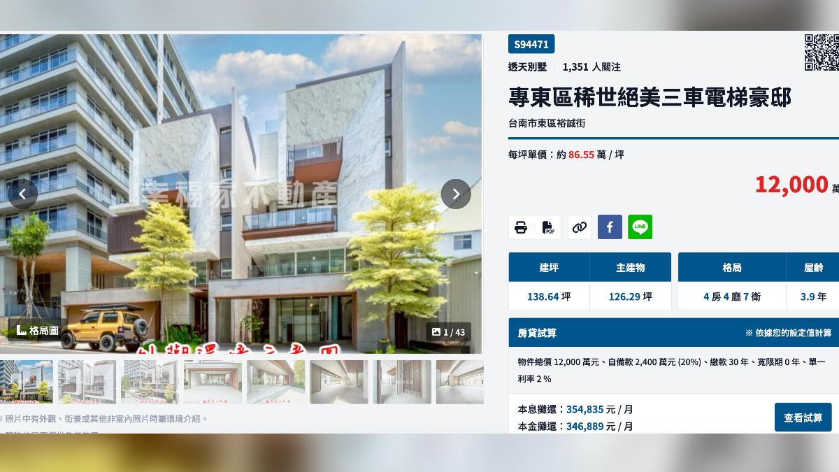 1.2億豪宅出售中。(圖/翻攝自幸福家不動產官網)