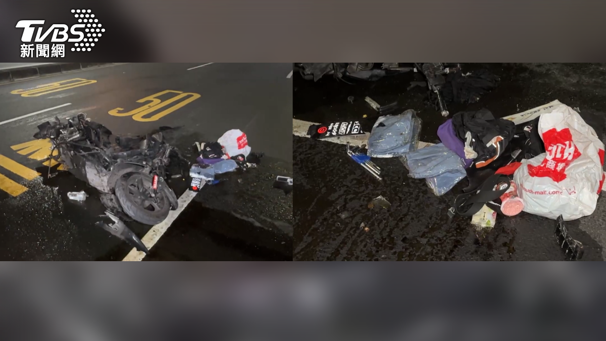 當時撞擊力之大,機車幾近全毀,物品也散落一地(圖/TVBS)