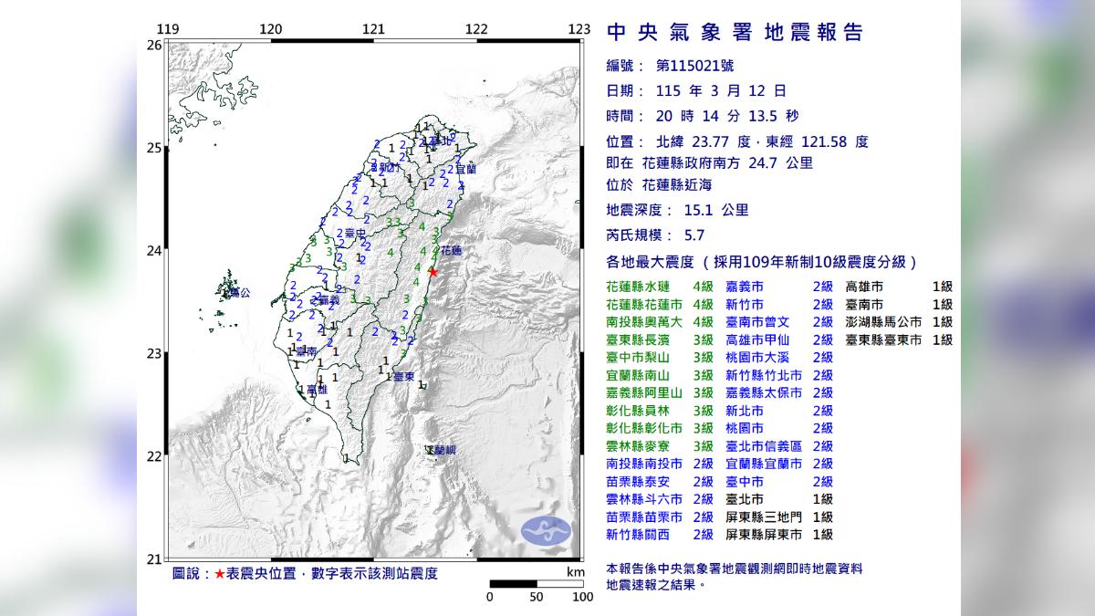 花蓮發生地震,全台有感。(圖/翻攝自中央氣象署)