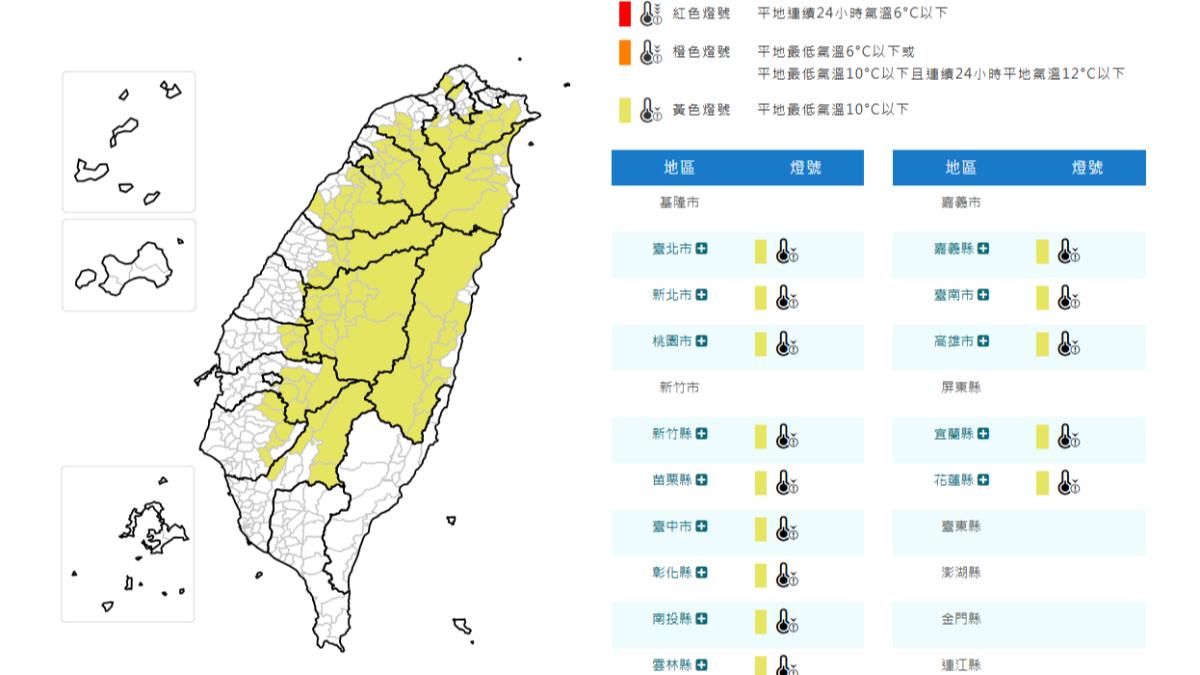 低溫特報。(圖/中央氣象署)