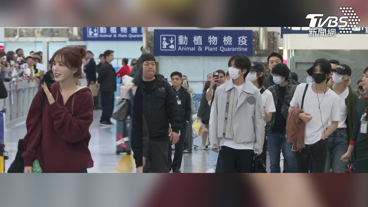 左圖/韓國女團主唱Wendy,一身酒紅色帽T搭配丸子頭亮相。右圖/緊接著韓國人氣男團,BOYNEXTDOOR也來了(圖/TVBS)