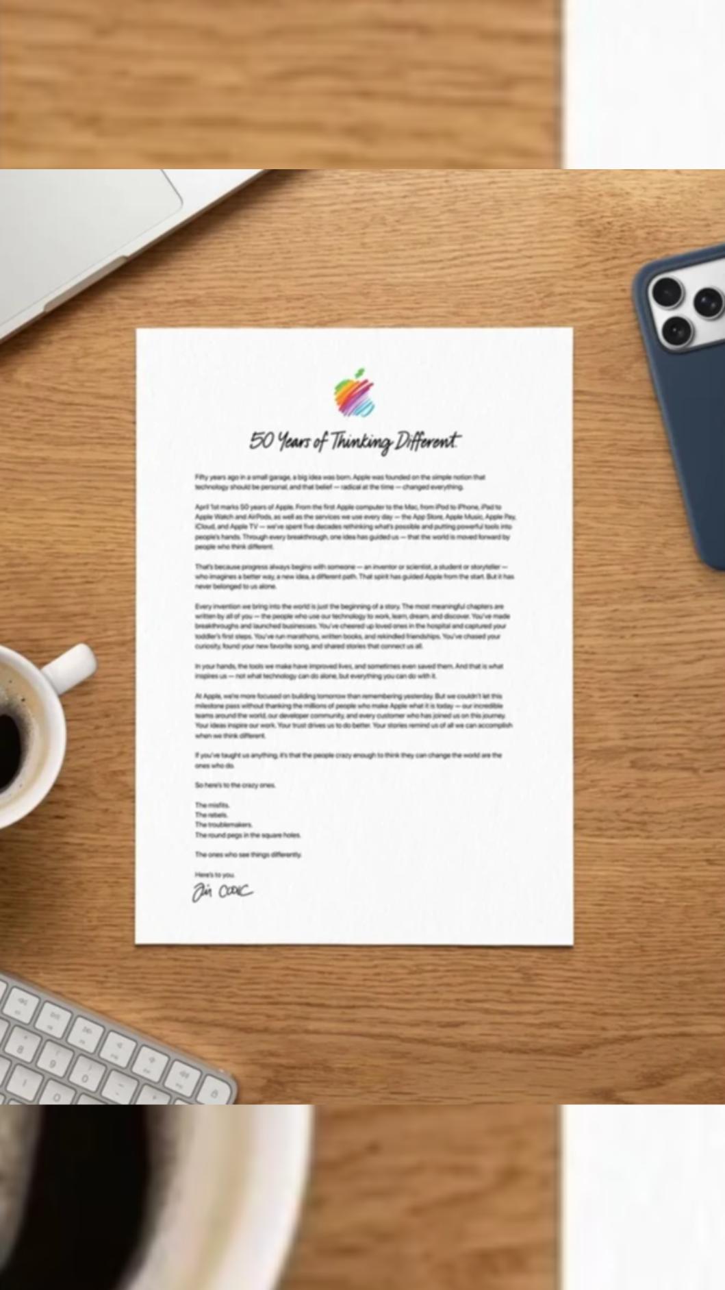 蘋果Apple執行長庫克手寫信。(圖/Apple提供)