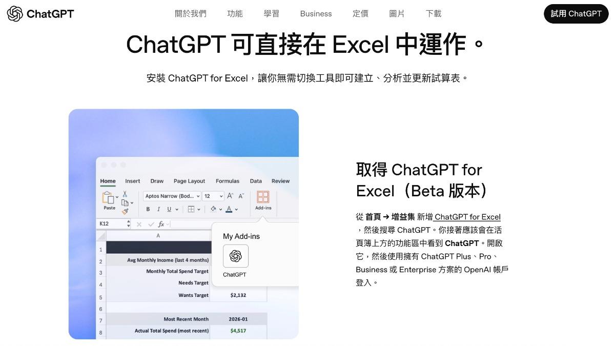 ChatGPT可以直接在Excel中操作（Beta版本）。（圖／翻攝ChatGPT ）