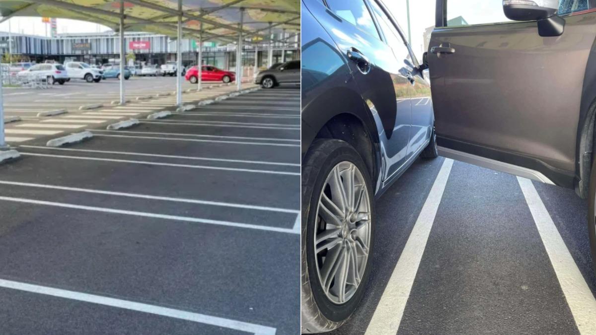 澳洲停車場的特殊停車格畫法：將原本的白線用長方形區隔開來，讓車與車之間的空間變大。（圖／翻攝supercarblondie）