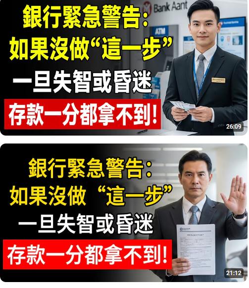 由多個YT頻道發布影片，聲稱「沒做這一步，一旦失智或昏迷，存款1分都拿不到」。（圖／翻攝自YT）