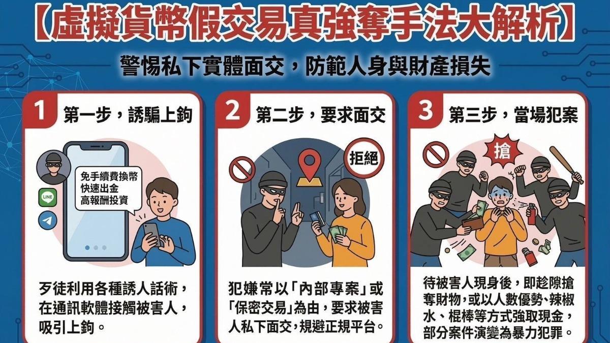 警方解析假幣商三階段犯案手法。(圖/台北市警局提供)
