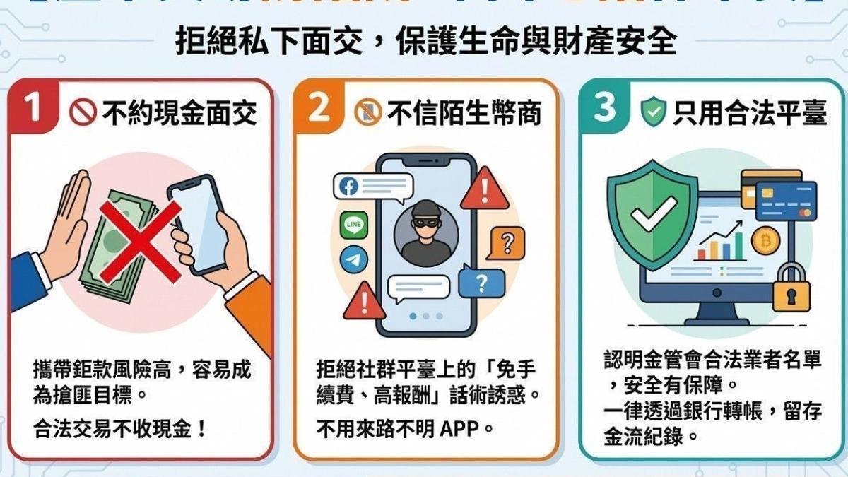警方提醒民眾勿信陌生幣商,並拒絕任何現金交易要求。(圖/台北市警局提供)