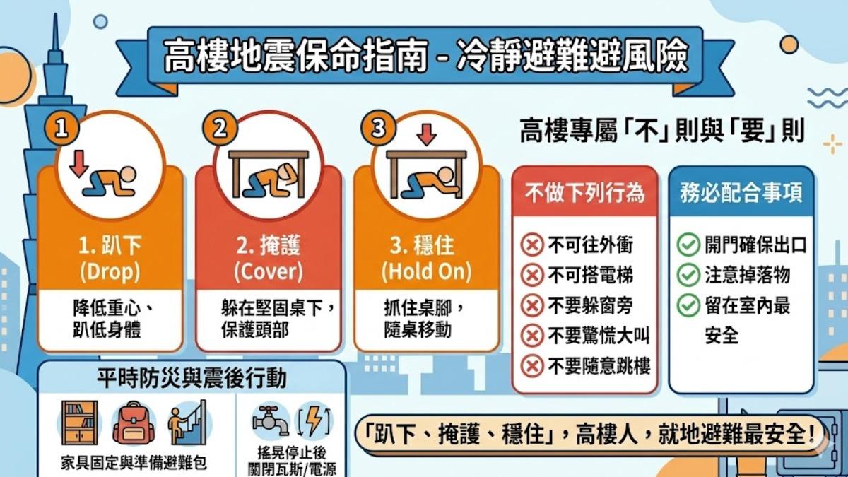 高樓層遇到地震時,建議隨即趴下、掩護、穩住。(圖/新竹縣消防局提供)