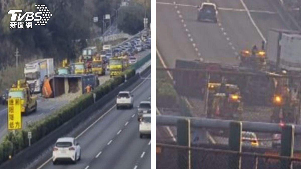 快訊/下班崩潰!國1三義段砂石車翻覆「土石狂瀉3車道」塞爆