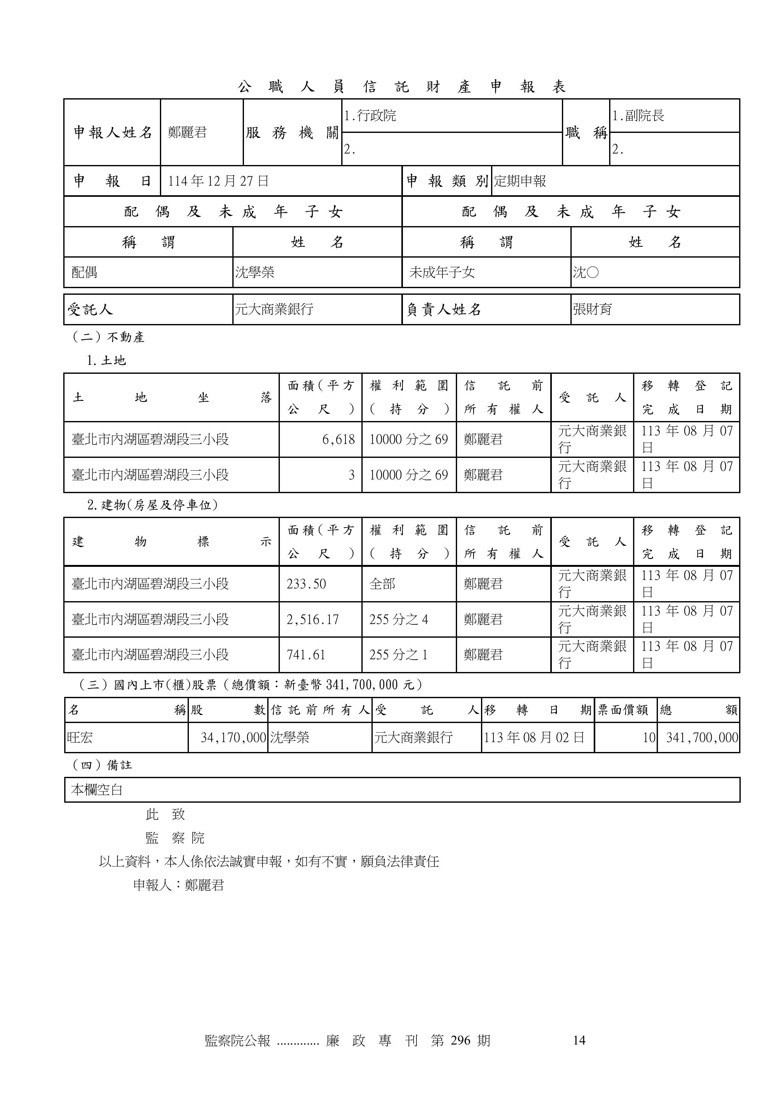 依監察院最新財產申報資料指出，沈學榮名下持有旺宏股票3萬4170張。（圖／翻攝監察院財產申報）