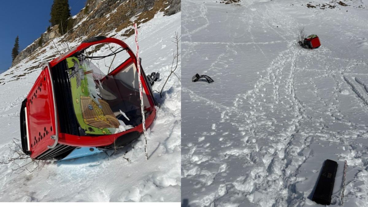 瑞士滑雪度假區18日一輛滑雪纜車車廂從鋼纜脫落翻滾下山造成1名乘客死亡。(圖/翻攝 Kantonspolizei)