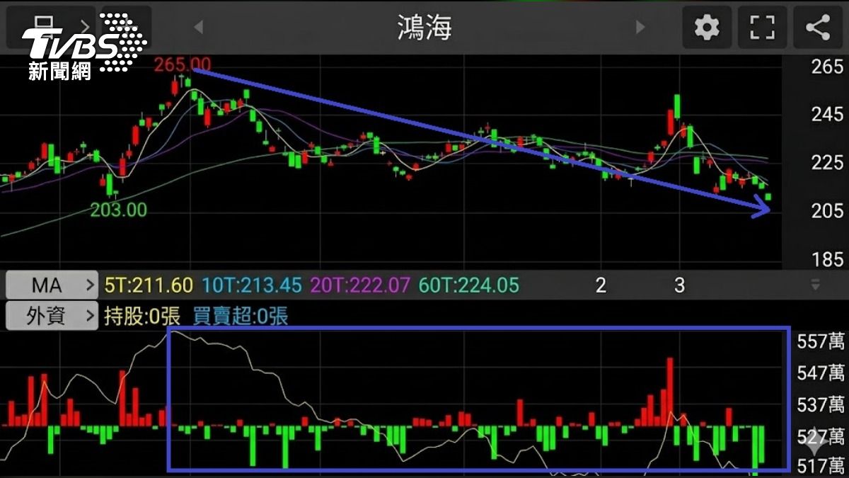 鴻海股價自高點下跌至今，跌幅逾兩成，外資賣多買少。（圖／TVBS）