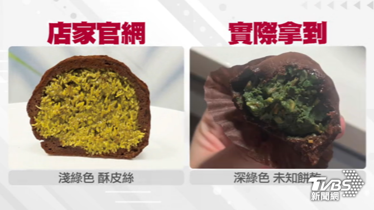 民眾指控買到的「杜拜巧克力Ｑ餅」與店家官網照片差很多。（圖／翻攝業者官網、民眾提供）