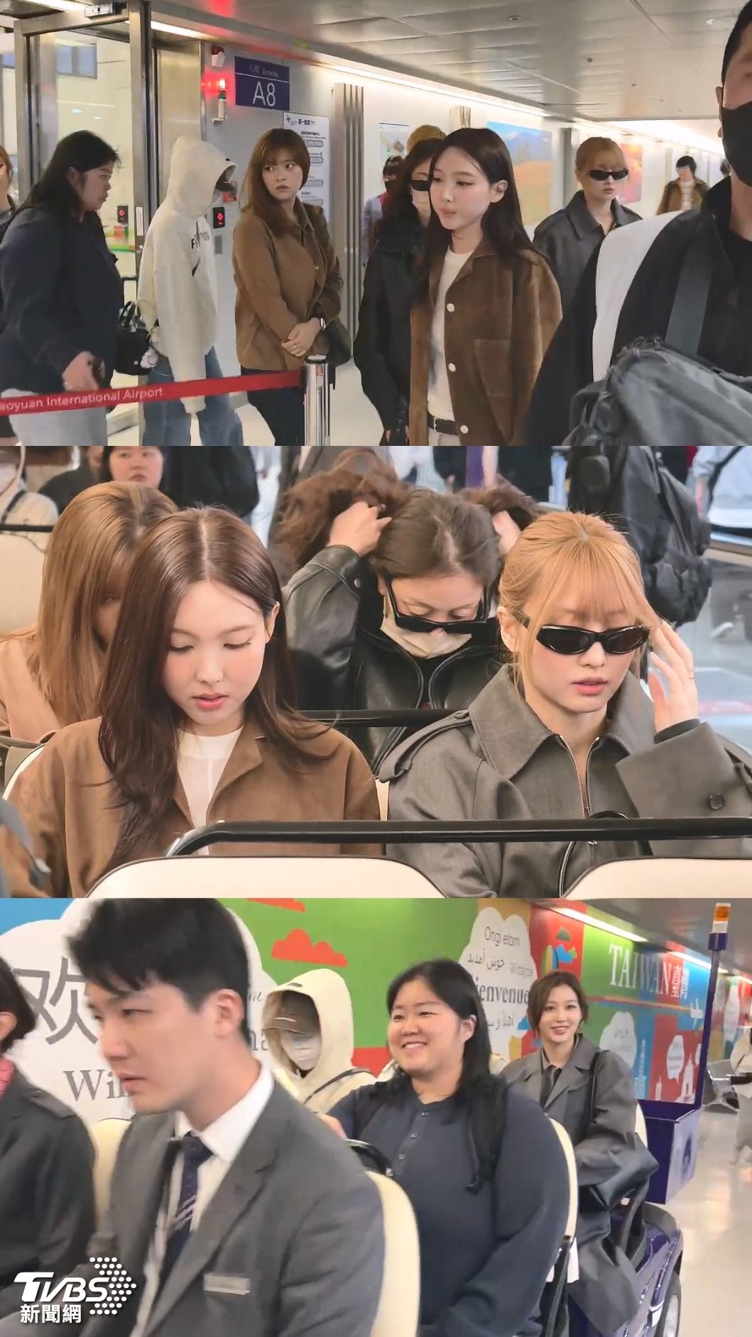 抵達後TWICE都相當低調,不過Sana(最下)露出甜笑讓人融化。(圖/林志偉攝)