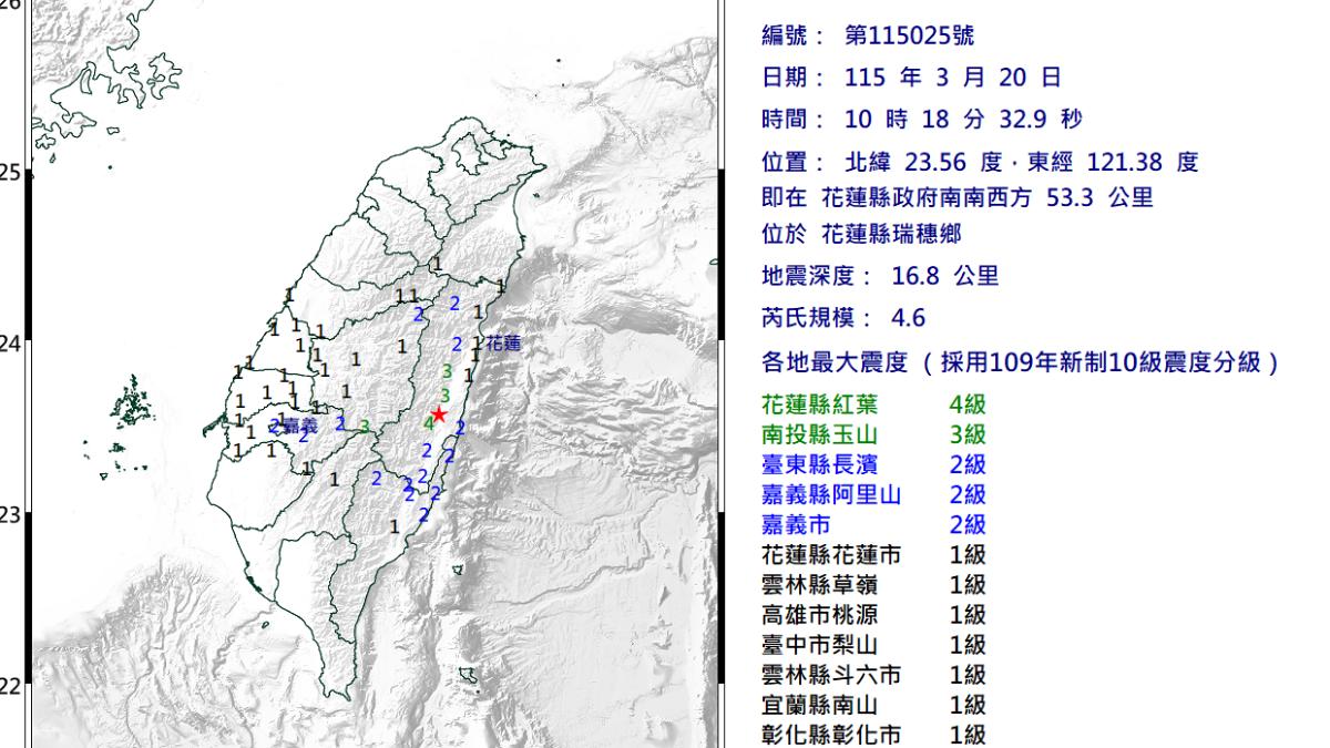 花蓮縣瑞穗鄉發生芮氏規模4.6地震。（圖／氣象署）