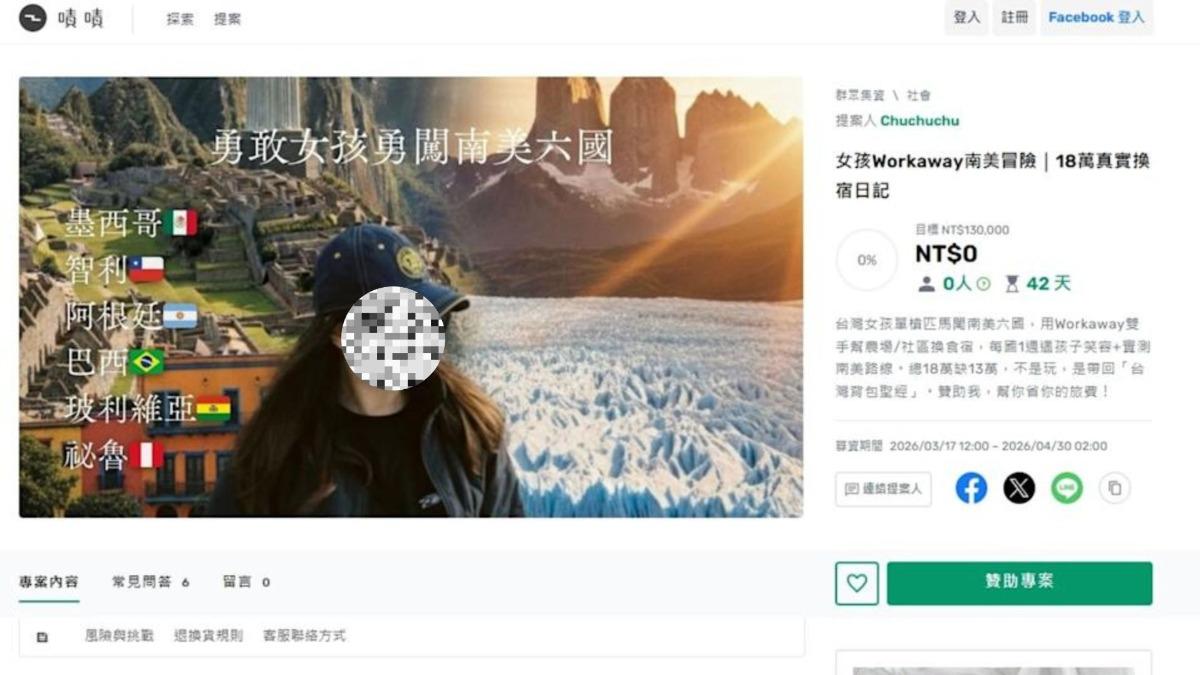 目前勇敢女孩勇闖南美六國募資計畫已下架。(圖/嘖嘖募資平台)