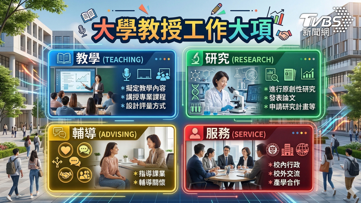 教學、研究、服務跟輔導,是大學教育中,教授主要的工作內容大項。(圖/TVBS)