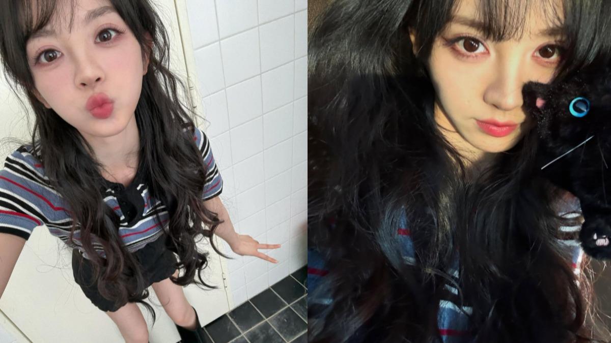 田曦薇條紋短袖上衣穿搭青春感滿滿。（圖／翻攝自IG@vv.tian）