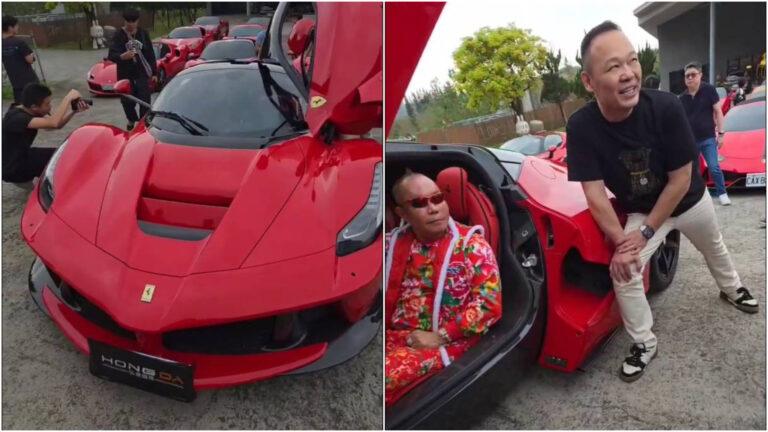 近期一場超跑聚會中，胡漢龑駕駛Lamborghini Aventador東北大花現身，恰逢弘達謝老闆以1.35億元標下Ferrari LaFerrari後首次公開亮相，讓活動瞬間成為焦點。（圖／吊車大王提供）
