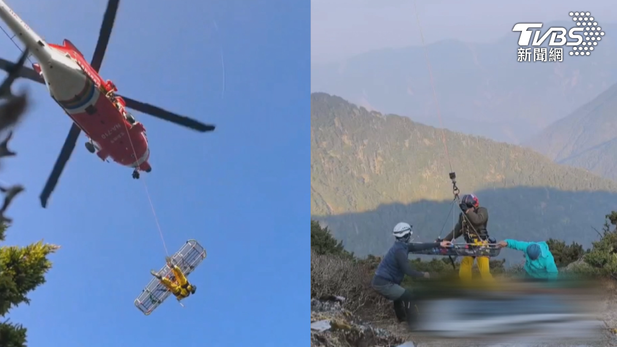 空勤直升機緊急出動飛往山區，抵達定點確認位置後，救難人員拿著擔架緩緩吊掛下山，因一名登山客已休克身亡。（圖／TVBS）