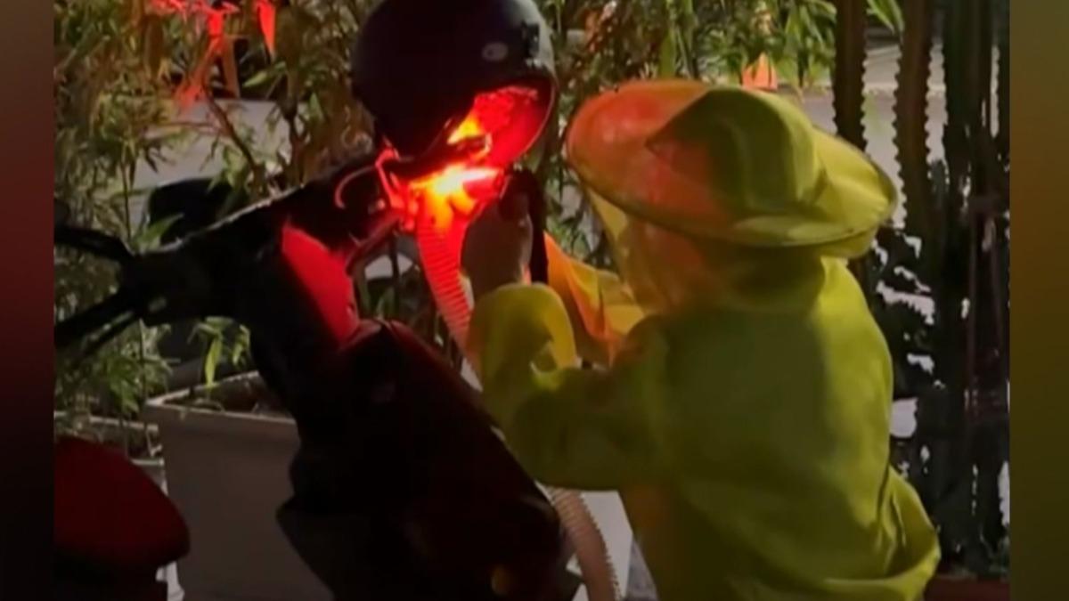 捕蜂大隊接獲通報後,穿著防蜂衣、攜帶空氣帶前往現場處理。(圖/翻攝Threads_qian_1212_)