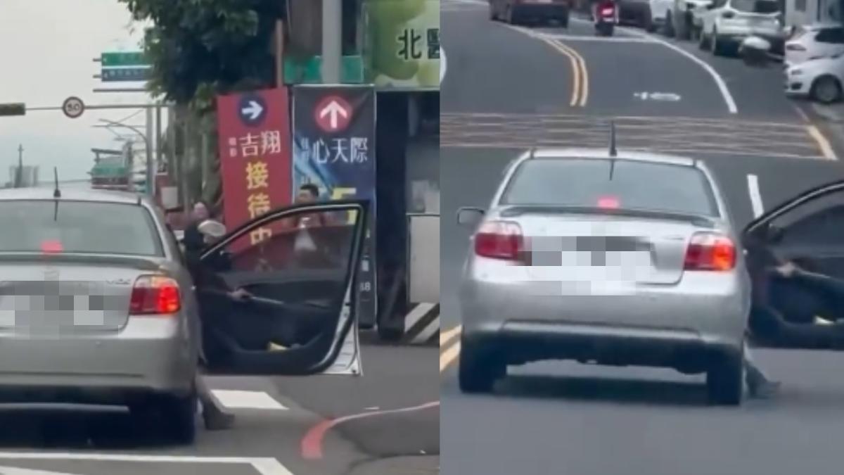 該車下交流道後，副駕駛座女子仍持續開關車門。（圖／翻攝自記者爆料網）
