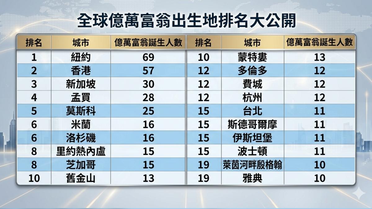 「全球富豪出生地」排名公開!紐約狂產69位億萬富豪 台北上榜