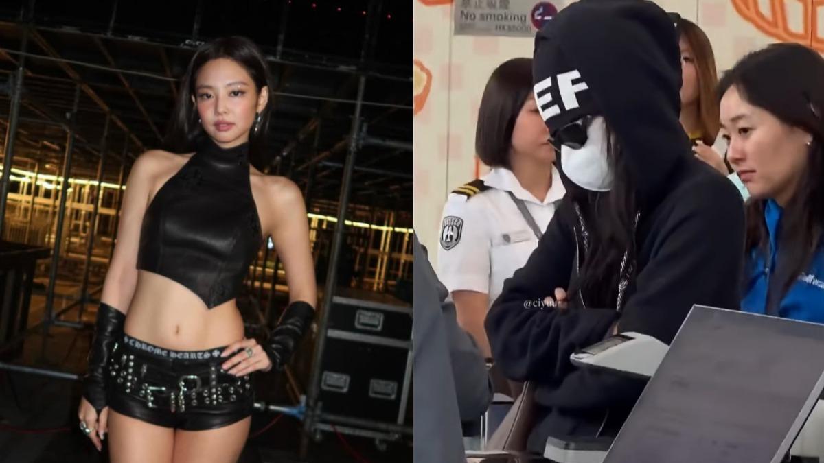 Jennie在香港機場離境的態度引發爭議。（圖／翻攝自IG@jennierubyjane、jenrubyjanedeukie）
