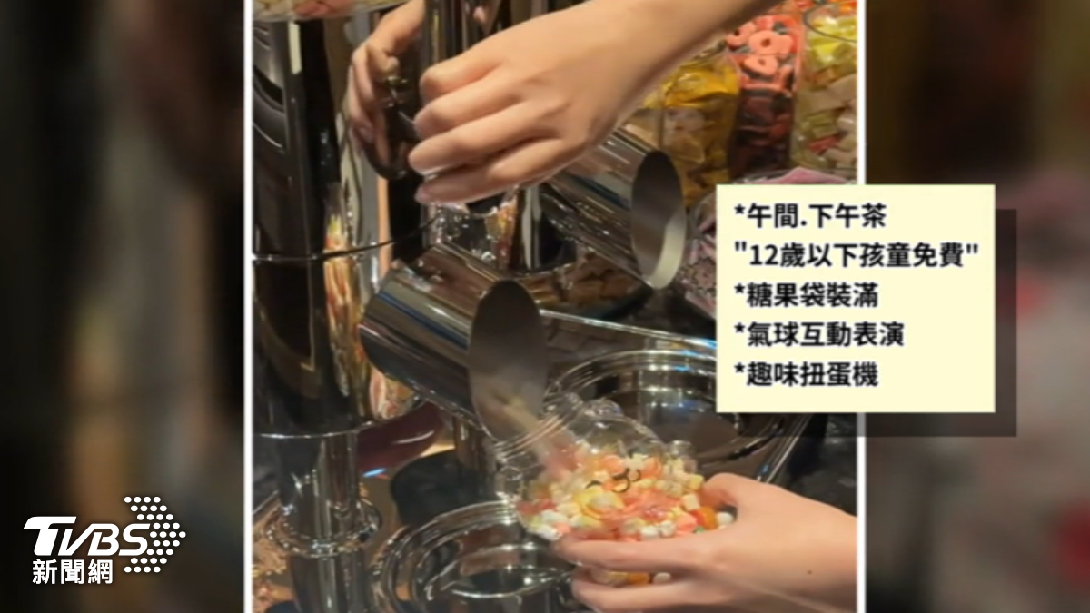 因應兒童節，有飯店推出部分餐期兒童免費，還有氣球互動表演、糖果袋裝滿活動。（圖／TVBS）