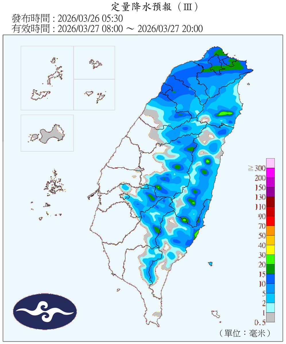 鄭明典分享明日的定量降水預報圖。(圖/翻攝自鄭明典臉書)