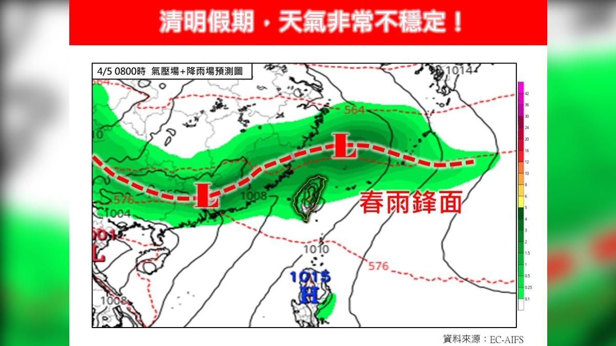 天氣/春雨鋒面來了!清明連假「天氣超不穩」 降雨還有強風雷電