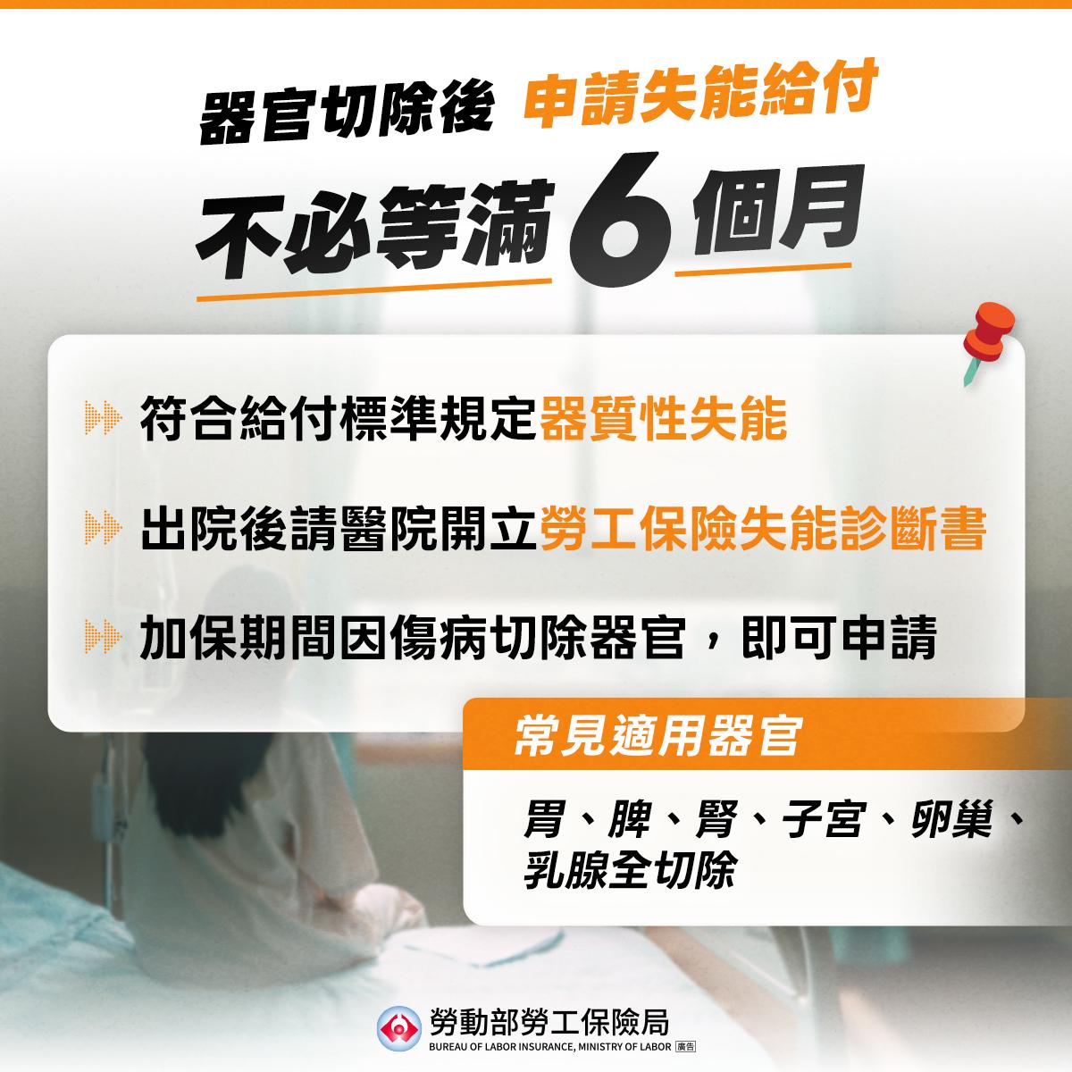 切胃、脾、腎、子宮、卵巢或乳腺等部位,符合器資格手術出院即可申請失能給付。(圖/翻攝自勞工保險局)