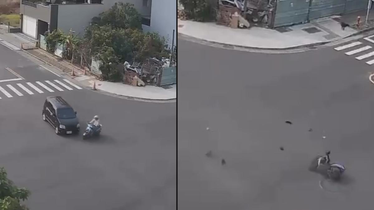 台南高鐵站附近的無號誌路口,一輛自小客車與機車同時直行通過,兩車當場發生猛烈碰撞,騎士被撞飛倒地(圖/翻攝Threads_i.am.jimmy_)