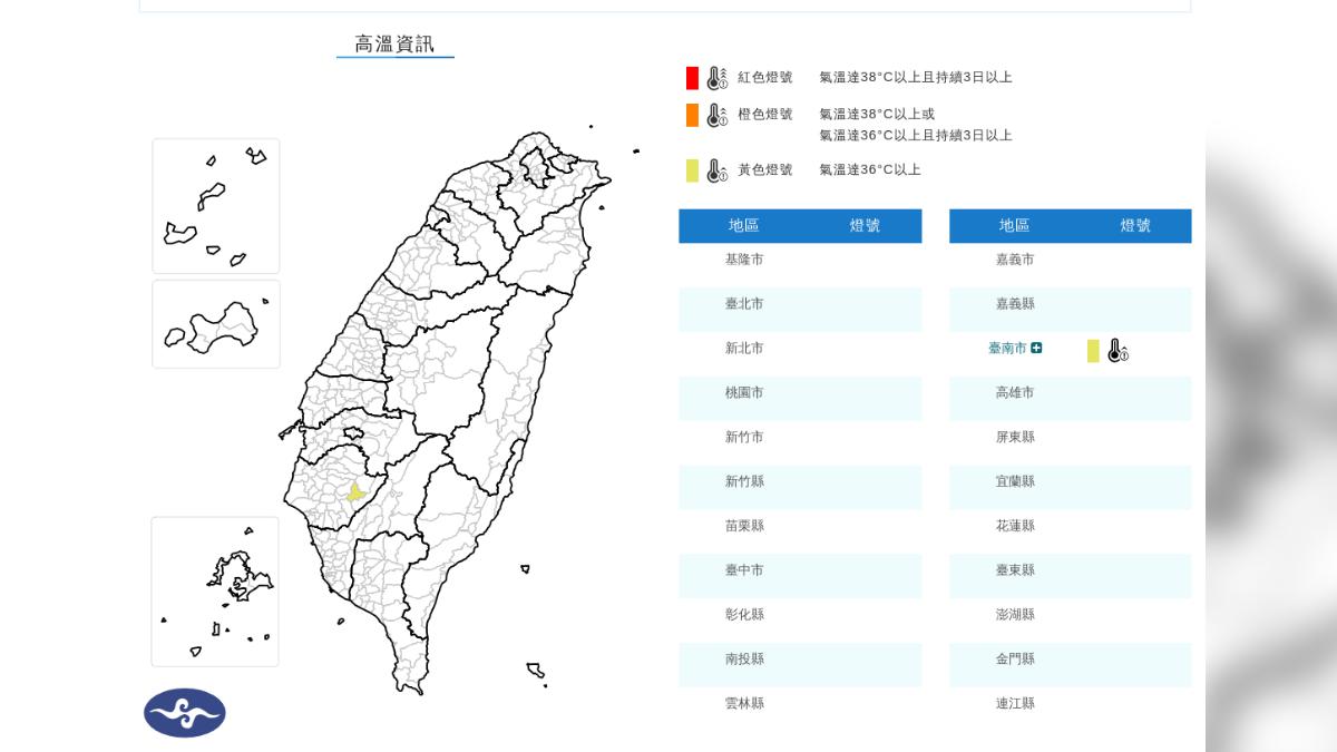 中央氣象署發布今年首次高溫特報，台南17時前高溫達36度以上。（圖／中央氣象署網站）