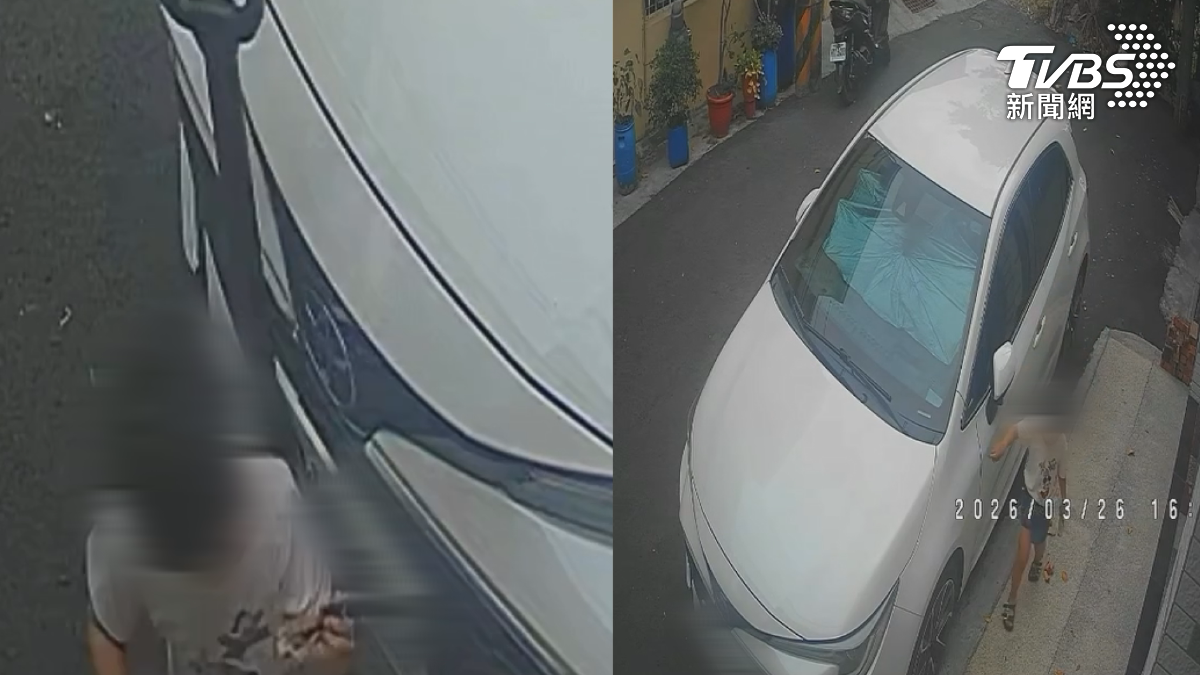 小朋友對鄰居家門口的白車東摸西摸就算了,又看到小孩玩車,就在車頭前撞壓撞,玩的車還是屋主小孩的(圖/翻攝Threads@youhui0627)