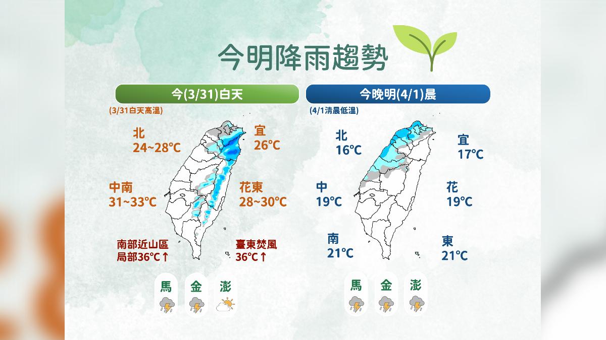 今明降雨趨勢。(圖/中央氣象署)