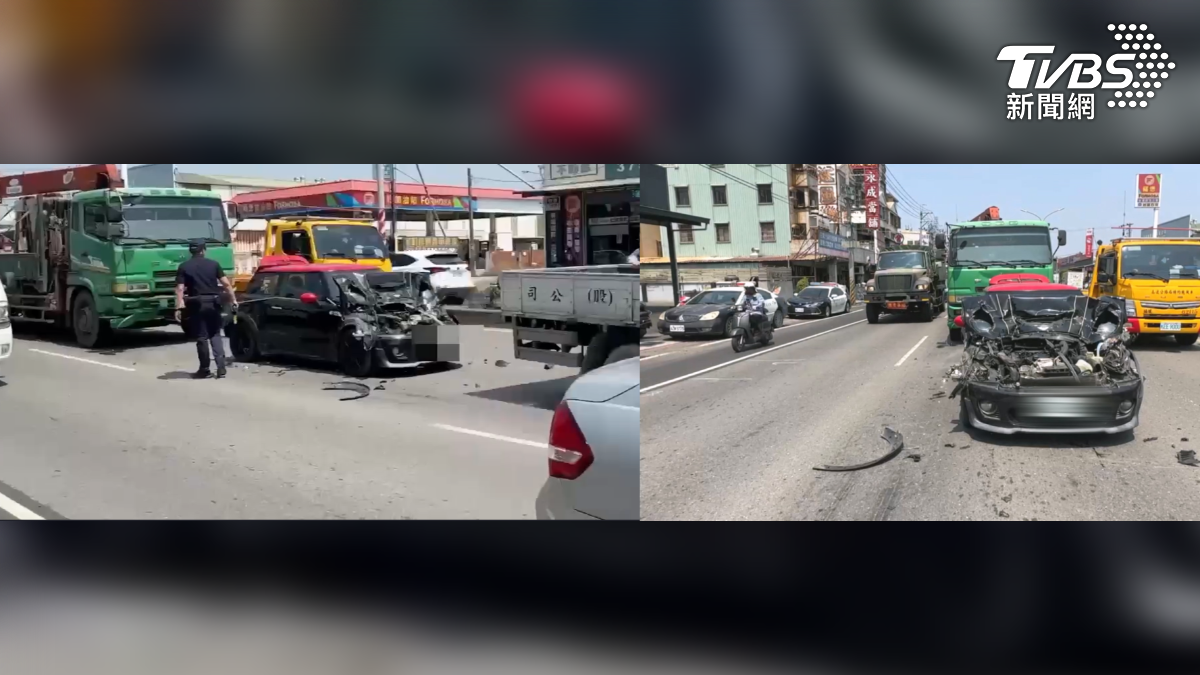 高雄仁武發生五車連撞車禍意外，一輛大貨車駕駛，行經鳳仁路時不明原因追撞，導致前方價值百萬的限量Mini汽車，變成了夾心餅（圖／TVBS）