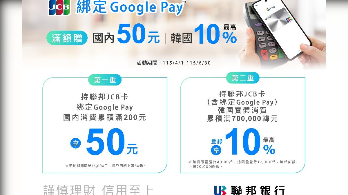 聯邦銀行宣布,自4月1日至6月30日,持聯邦JCB卡綁定Google Pay在國內累積消費滿200元,即贈限量50元刷卡金。(圖/聯邦銀提供)
