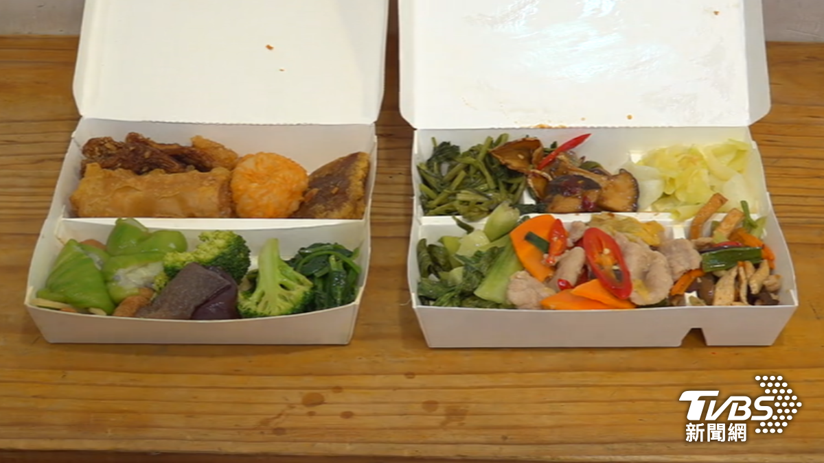 左邊素食自助餐秤重267元,右邊一般自助餐含肉,另外附白飯總共150元。(圖/TVBS)