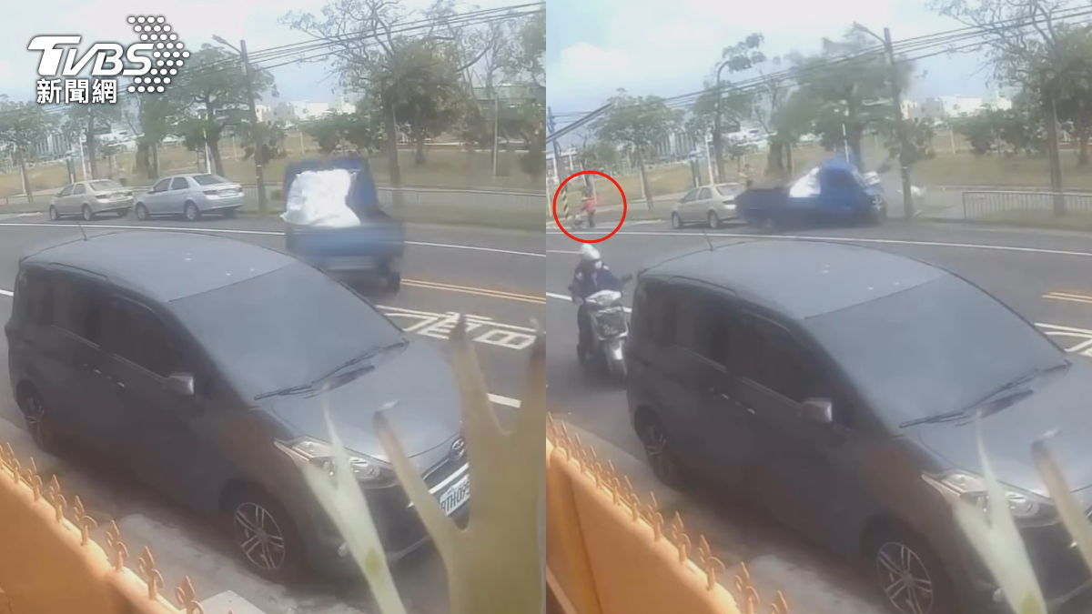 小貨車追撞，響起刺耳的煞車聲，當時一名穿紅衣的老婦人，手持助行器行車，差一點受波及，逃過一劫。（圖／TVBS）