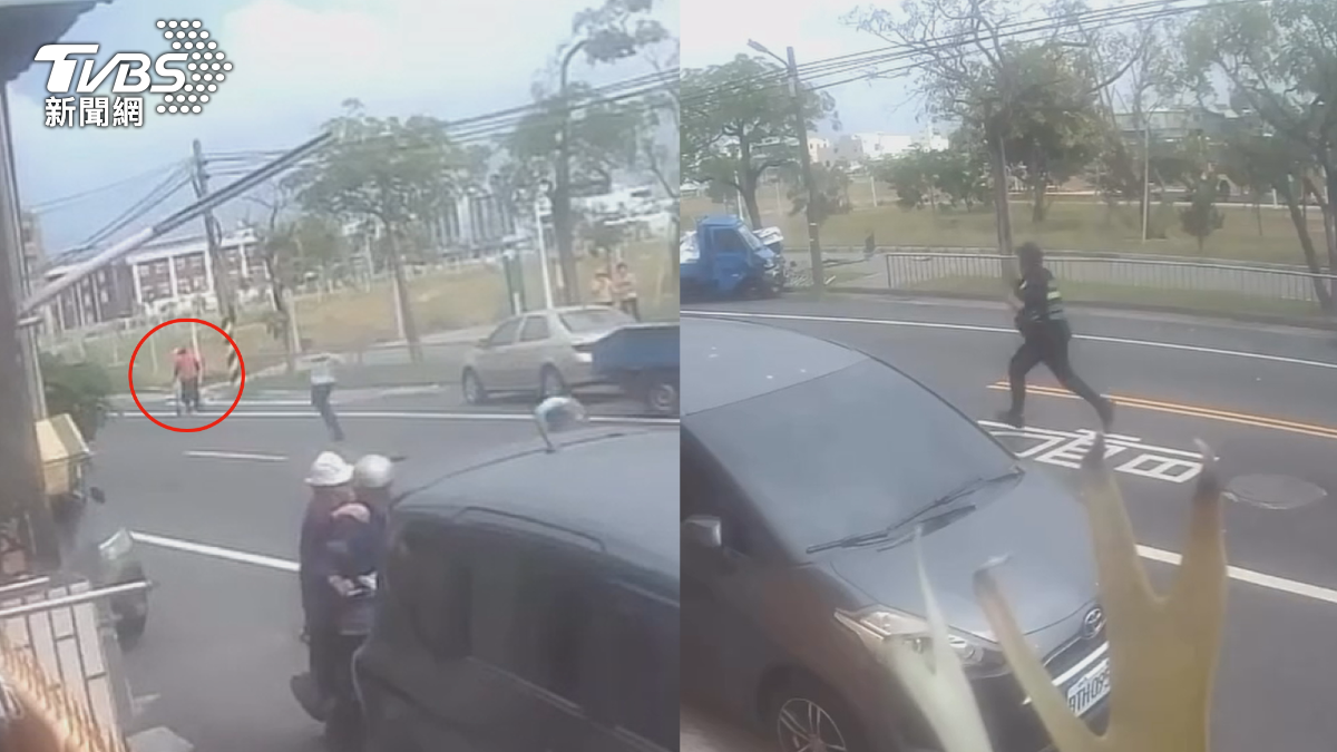 老婦人僥幸逃過，但現場警民車輛毀損四輛，員警分工圍捕，嫌犯仍趁隙鑽進一旁巷子逃逸無蹤。（圖／TVBS）