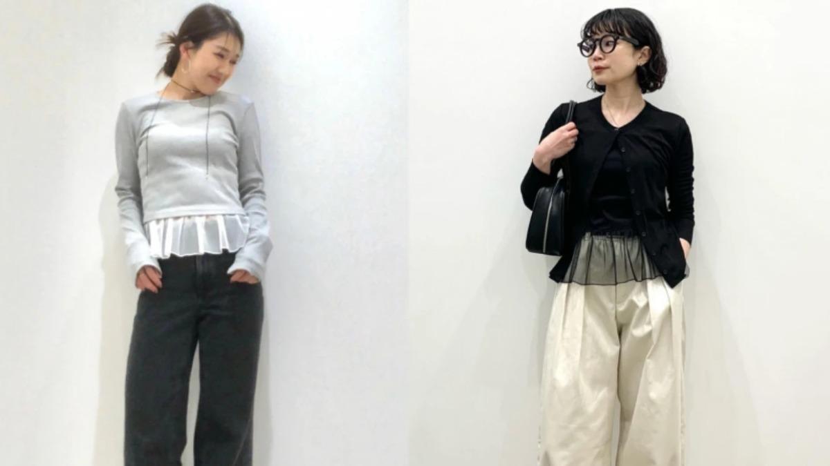 日本女生針織衫作為外層,內搭bra-feel細肩帶背心,讓下擺自然露出一點層次!(圖/GU官網)