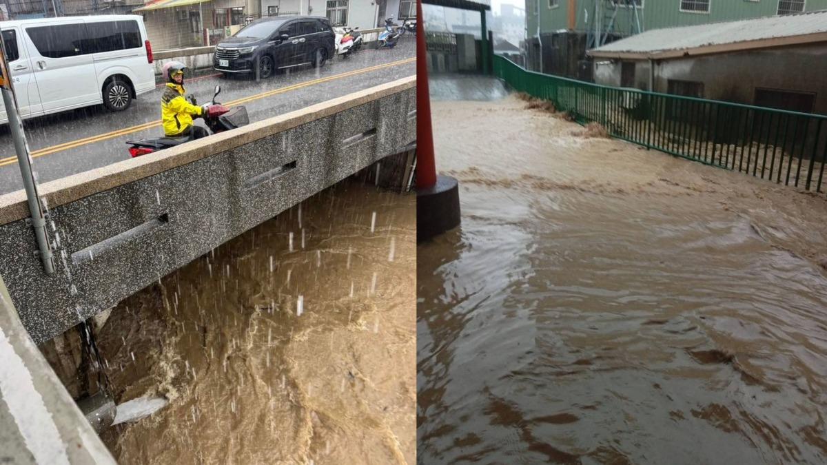 苗栗市區不少路段積水嚴重，大排水溝，水位飆升。（圖／余文忠FB）