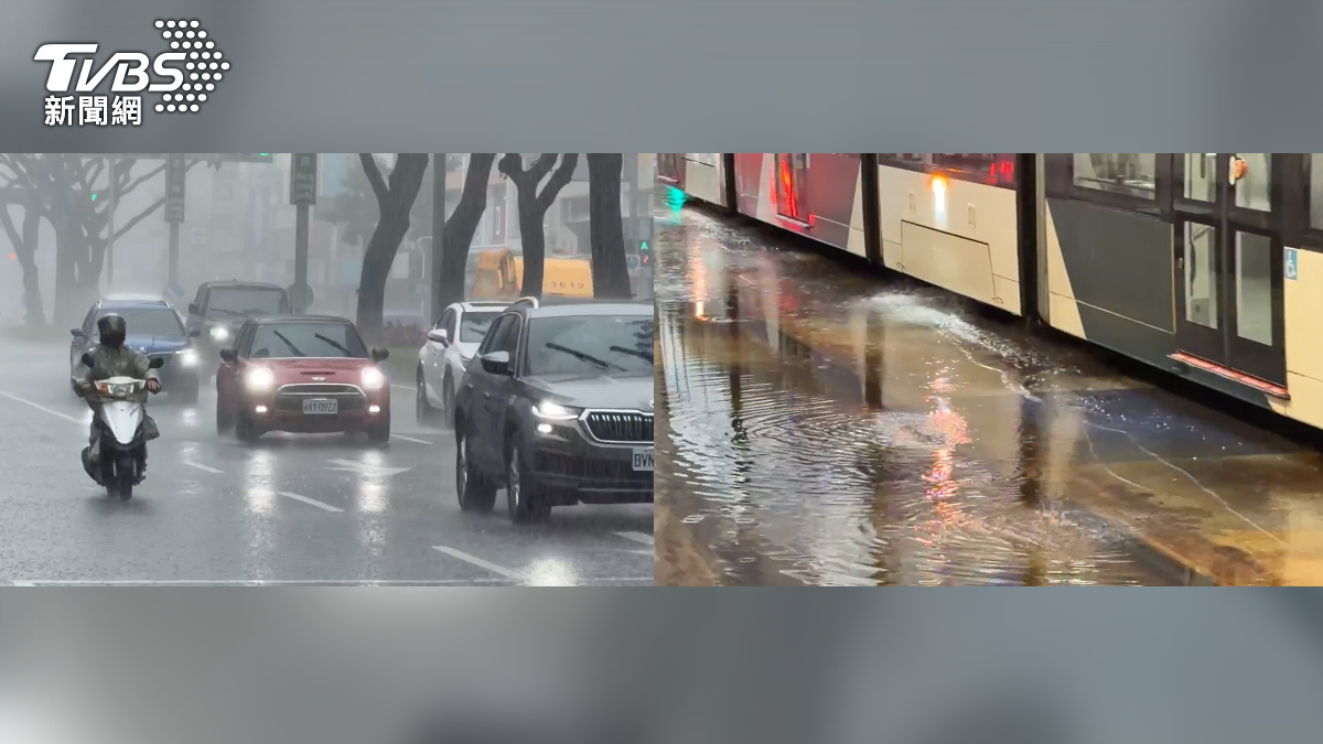 鋒面一路往南，中午過後嘉義以南陸續開始下起雷雨，高雄則是輕軌周邊出現積水，台南高雄部分航班也因為雷雨受到延誤。（圖／TVBS）