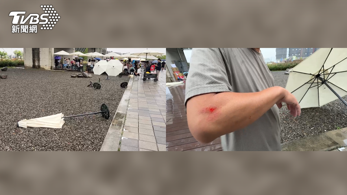 台南史博館市集也被雷雨打亂，陽傘被吹掀，還有兩名攤商被砸傷（圖／TVBS）